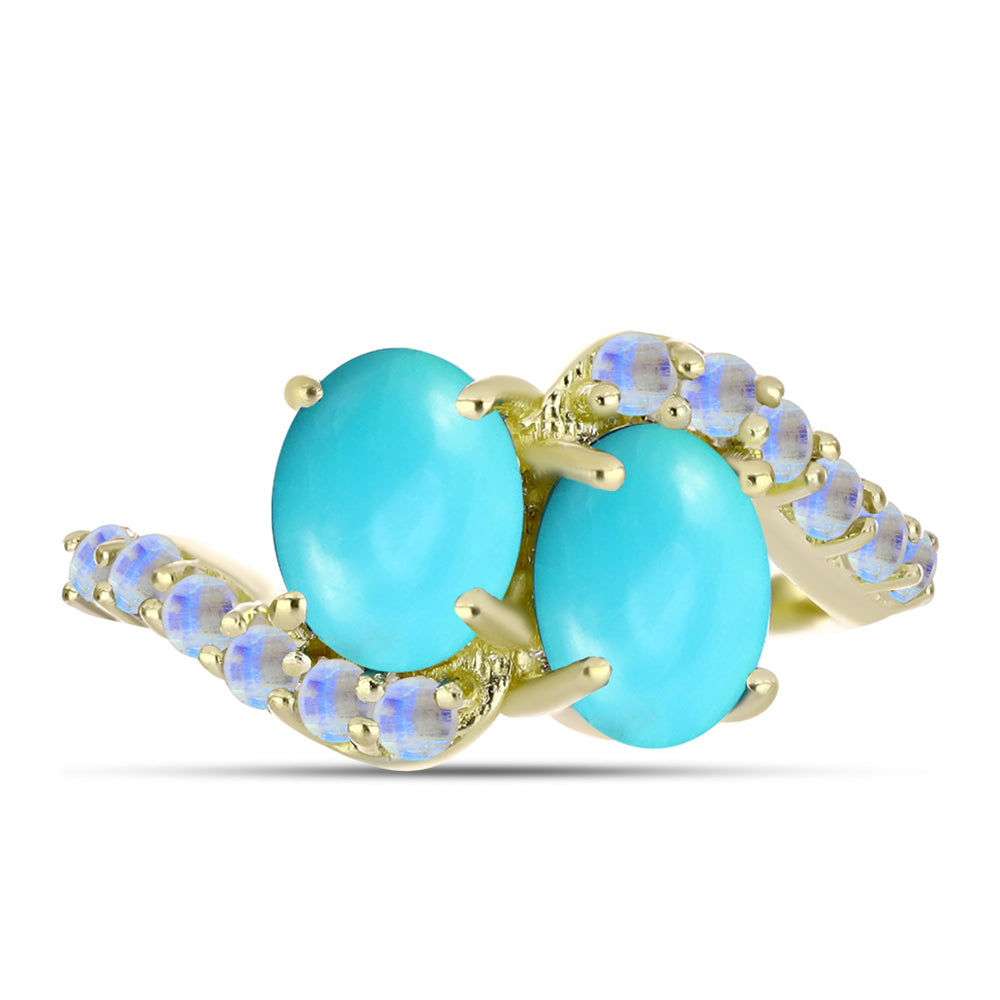 Anillo de Plata Bañada en Oro con Turquesa Bella Durmiente y Piedra Lunar Arco Iris