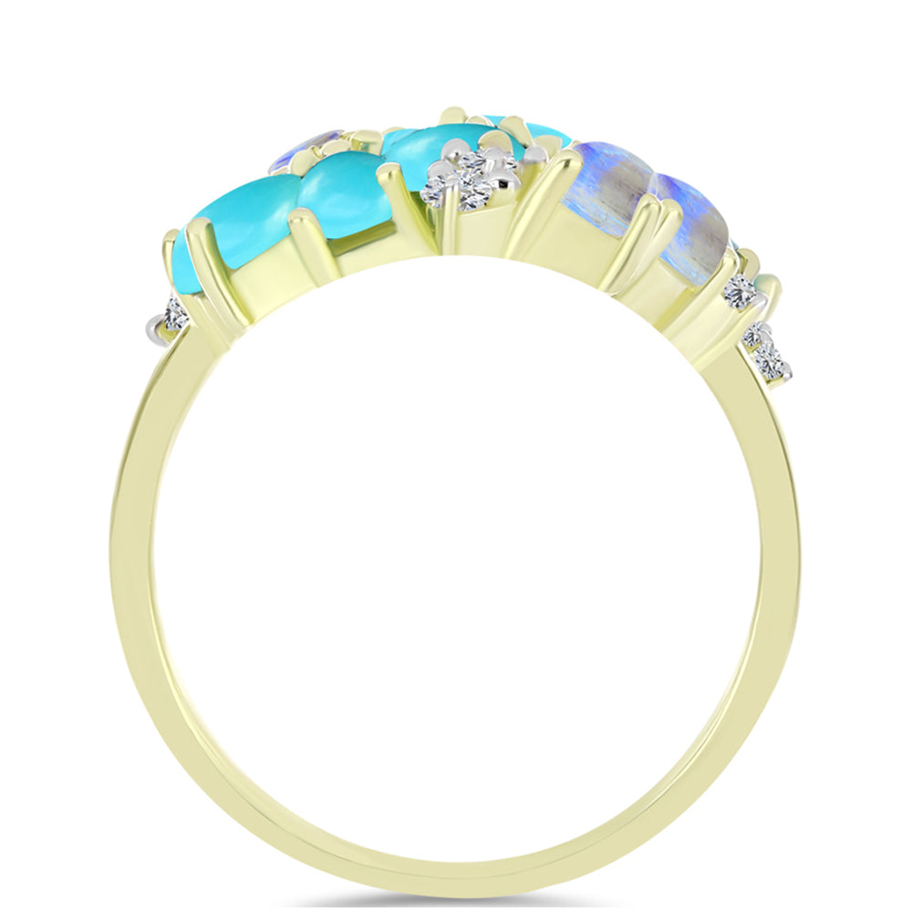 Anillo de Plata Bañada en Oro con Turquesa Bella Durmiente y Piedra Lunar Arco Iris