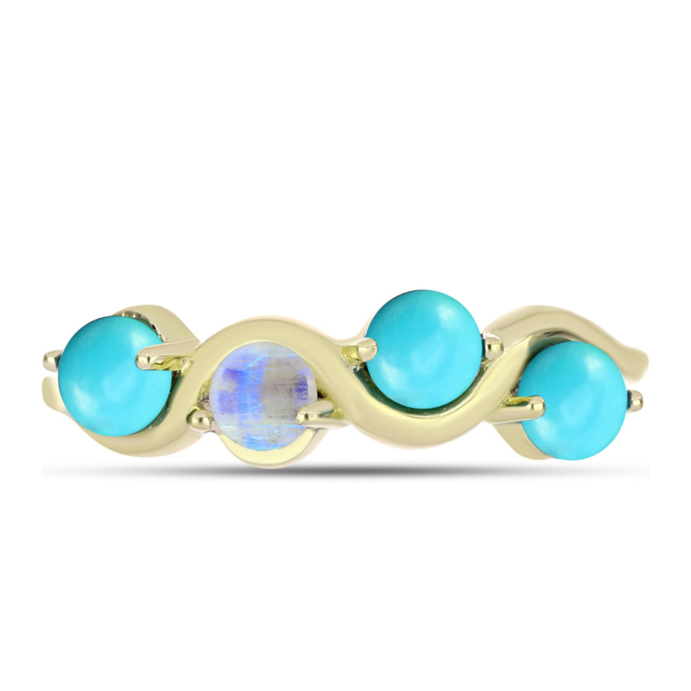 Anillo de Plata Bañada en Oro con Turquesa Bella Durmiente y Piedra Lunar Arco Iris 1 