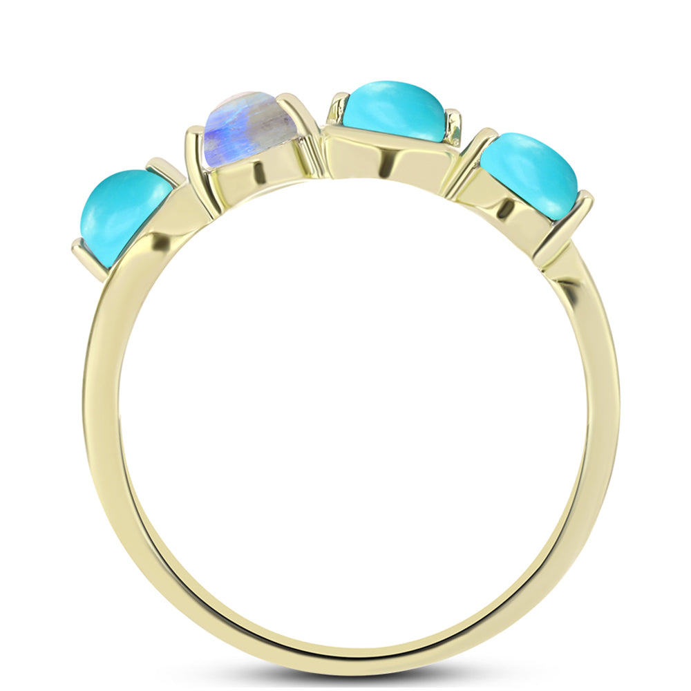 Anillo de Plata Bañada en Oro con Turquesa Bella Durmiente y Piedra Lunar Arco Iris 2 