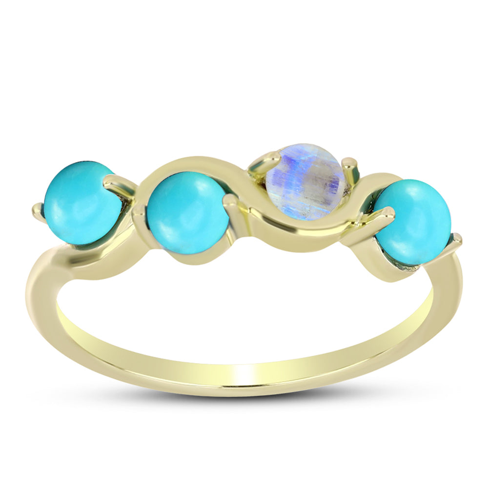Anillo de Plata Bañada en Oro con Turquesa Bella Durmiente y Piedra Lunar Arco Iris 3 