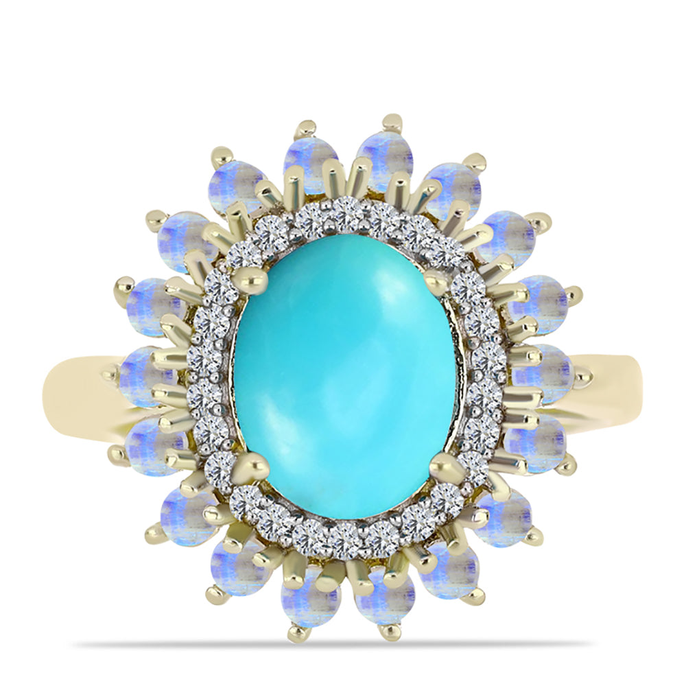 Anillo de Plata Bañada en Oro con Turquesa Bella Durmiente y Piedra Lunar Arco Iris