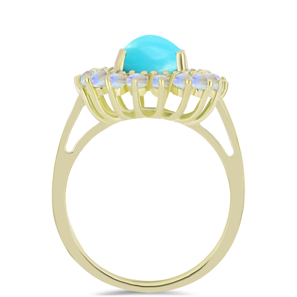 Anillo de Plata Bañada en Oro con Turquesa Bella Durmiente y Piedra Lunar Arco Iris