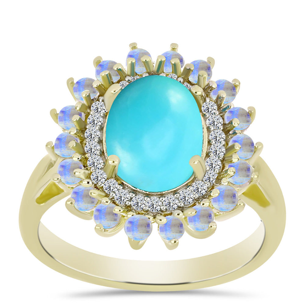 Anillo de Plata Bañada en Oro con Turquesa Bella Durmiente y Piedra Lunar Arco Iris