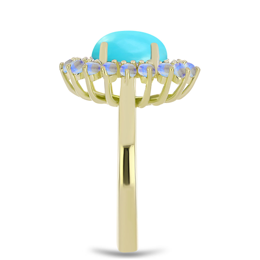 Anillo de Plata Bañada en Oro con Turquesa Bella Durmiente y Piedra Lunar Arco Iris 4 