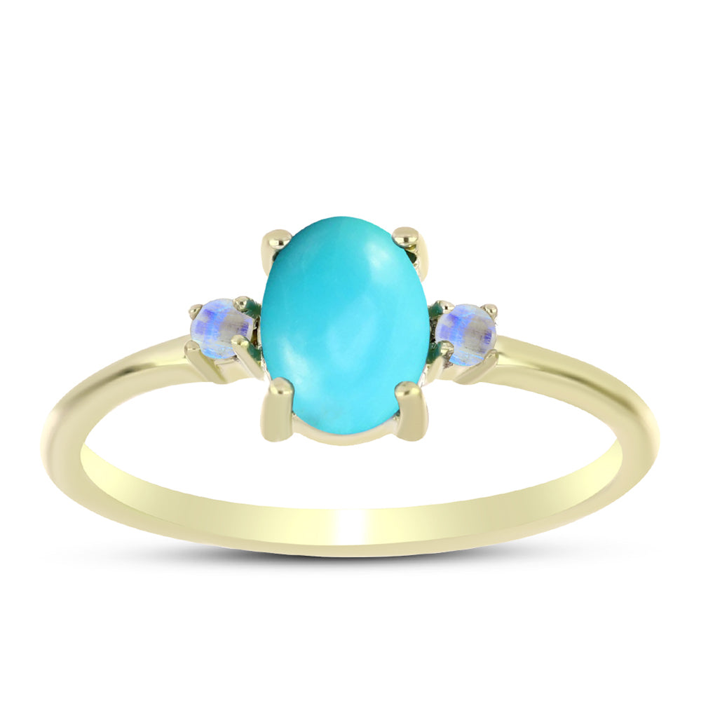 Anillo de Plata Bañada en Oro con Turquesa Bella Durmiente y Piedra Lunar Arco Iris 3 