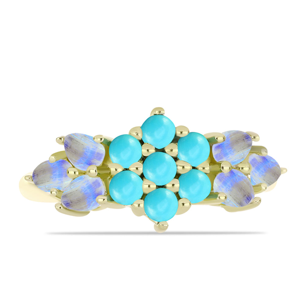 Anillo de Plata Bañada en Oro con Turquesa Bella Durmiente y Piedra Lunar Arco Iris 1 
