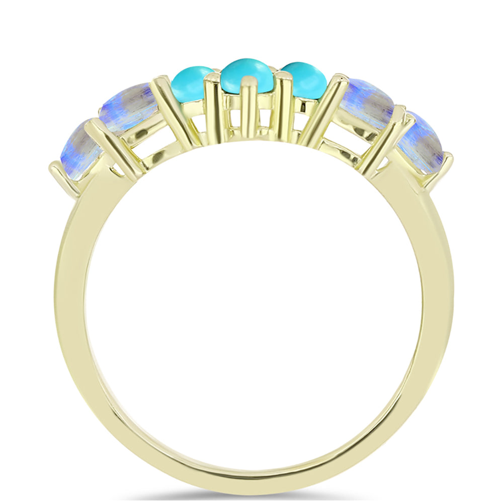 Anillo de Plata Bañada en Oro con Turquesa Bella Durmiente y Piedra Lunar Arco Iris 2 