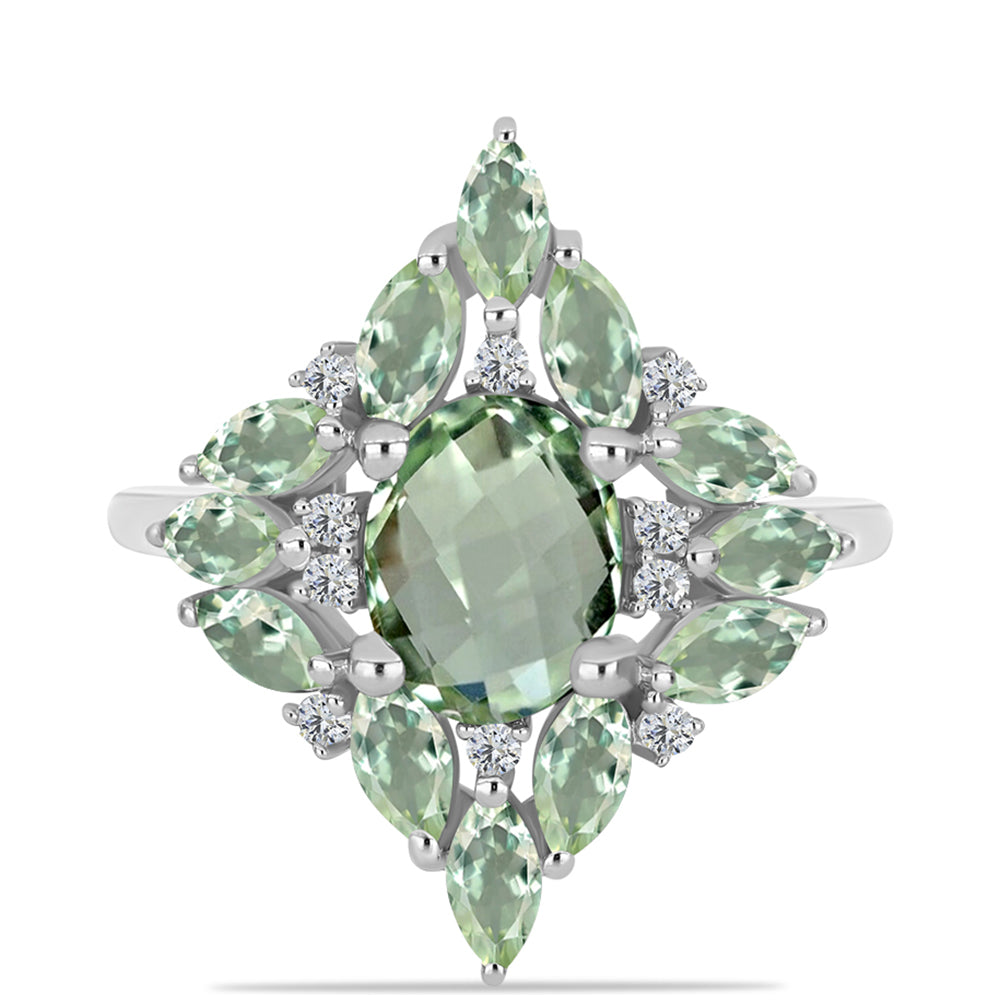 Anillo de Plata con Amatista Verde y Topacio Blanco