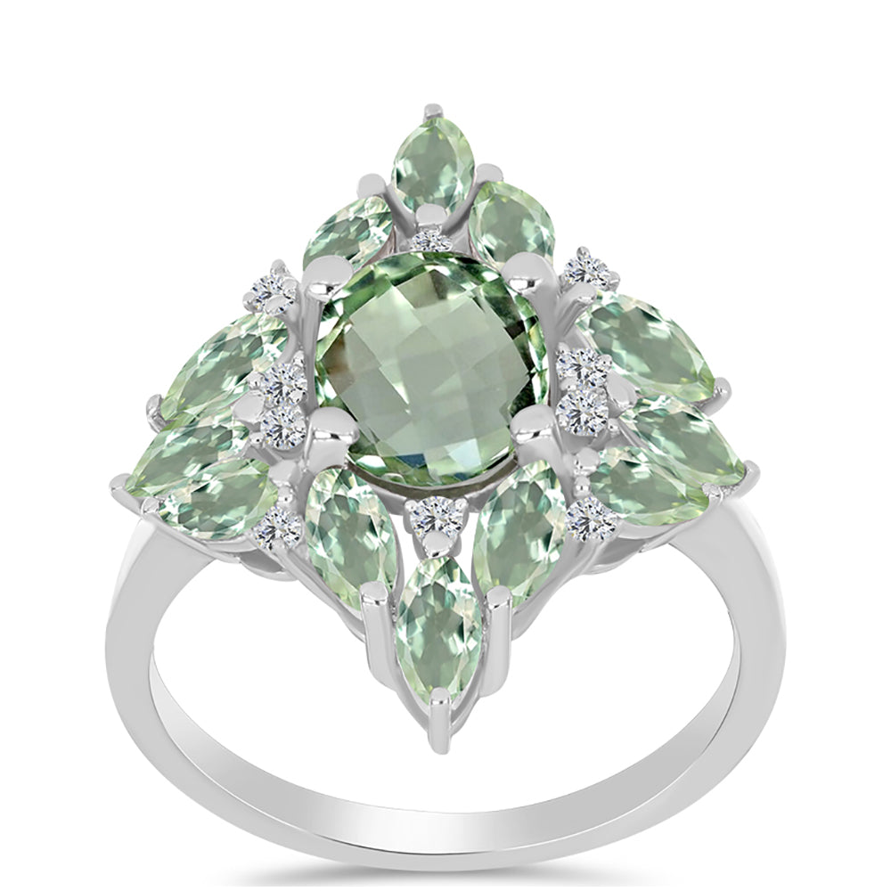 Anillo de Plata con Amatista Verde y Topacio Blanco