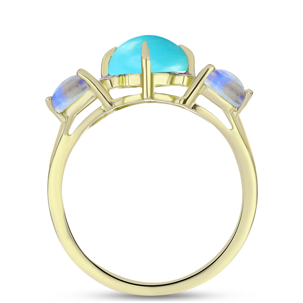 Anillo de Plata Bañada en Oro con Turquesa Bella Durmiente y Piedra Lunar Arco Iris 2 
