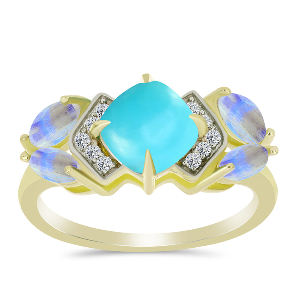 Anillo de Plata Bañada en Oro con Turquesa Bella Durmiente y Piedra Lunar Arco Iris
