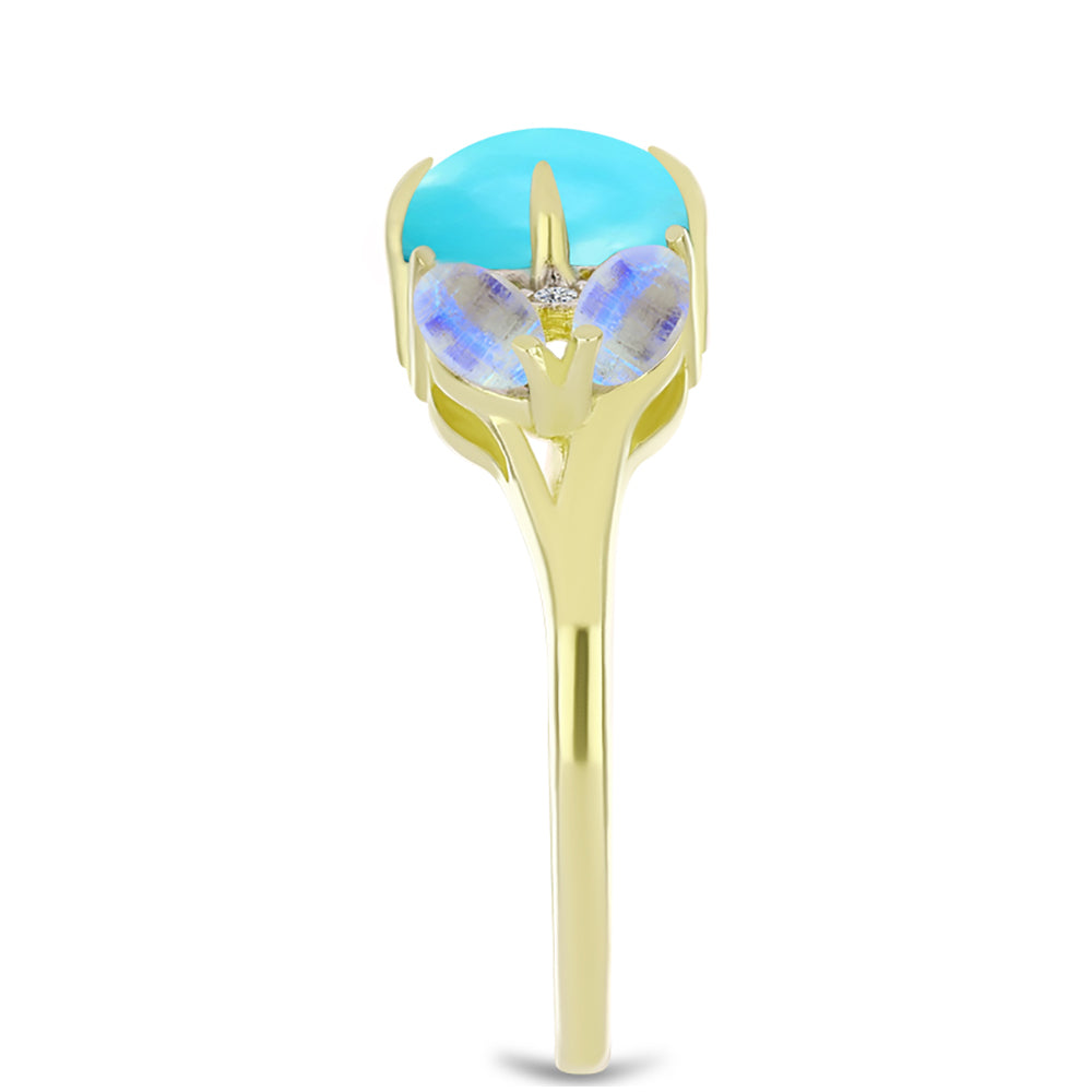 Anillo de Plata Bañada en Oro con Turquesa Bella Durmiente y Piedra Lunar Arco Iris 4 