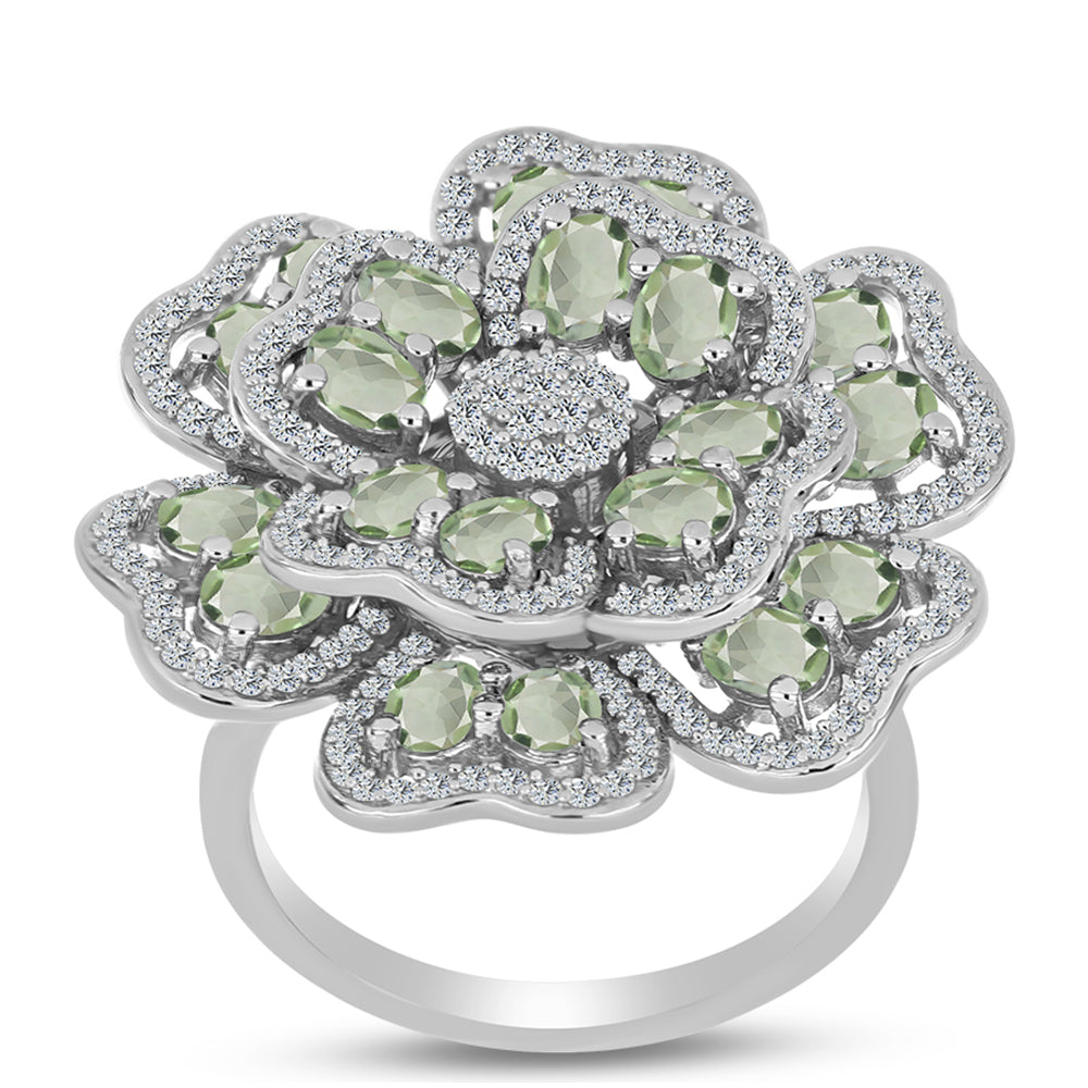 Anillo de Plata con Amatista Verde y Topacio Blanco