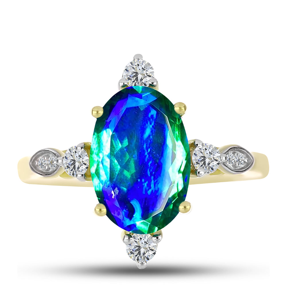 Anillo de Plata Bañada en Oro con Cuarzo Pavo Real y Topacio Blanco 1 