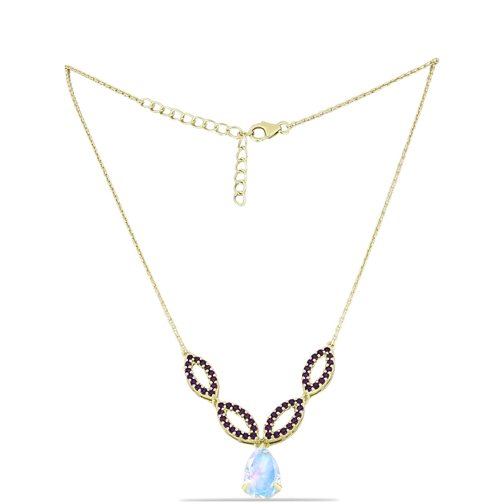 Collar de Plata Bañada en Oro con Piedra Lunar Arco Iris y Amatista de Marruecos
