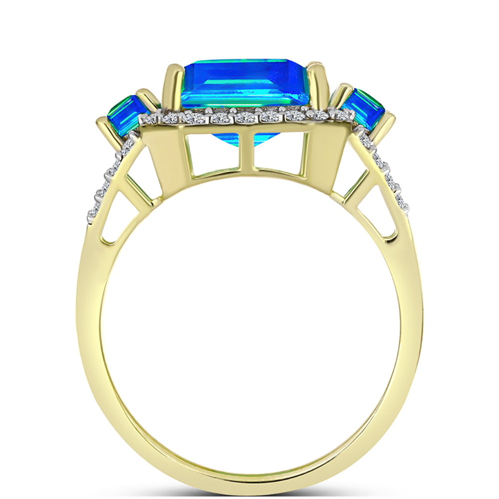Anillo de Plata Bañada en Oro con Cuarzo Pavo Real y Topacio Blanco