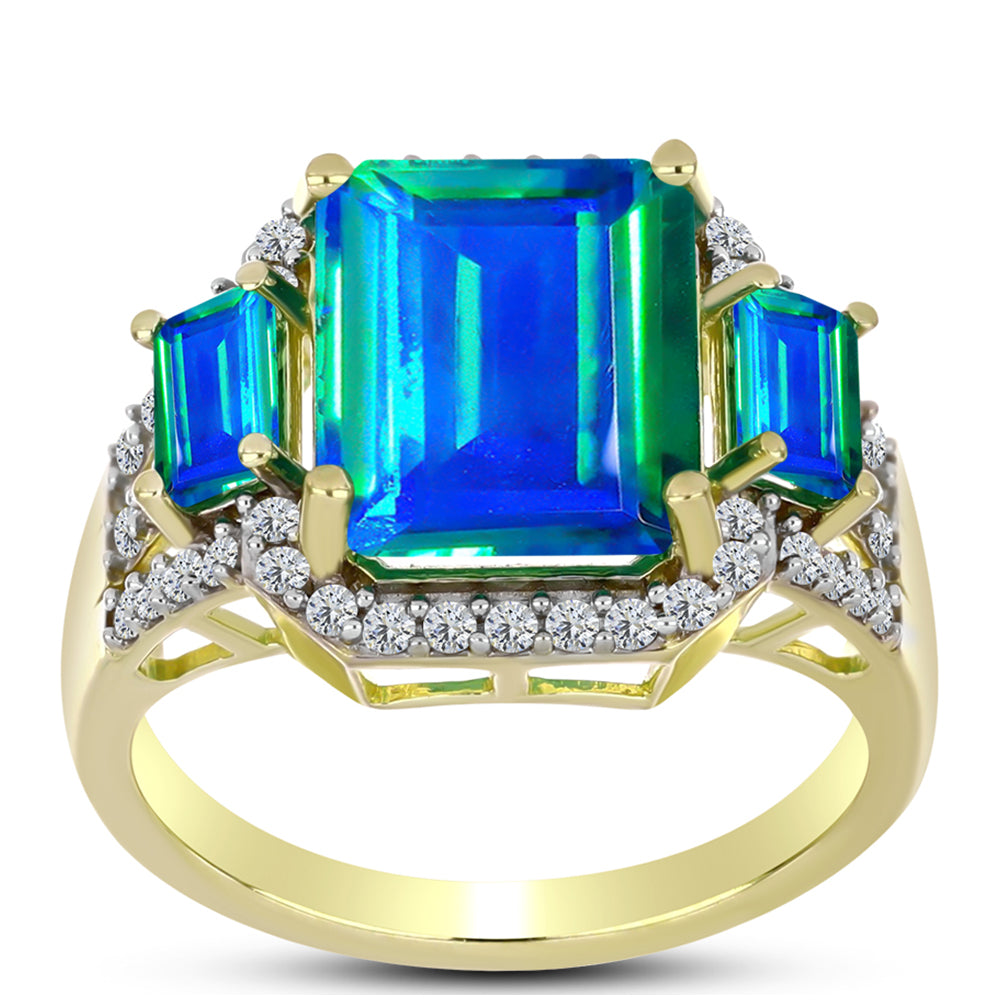 Anillo de Plata Bañada en Oro con Cuarzo Pavo Real y Topacio Blanco 3 