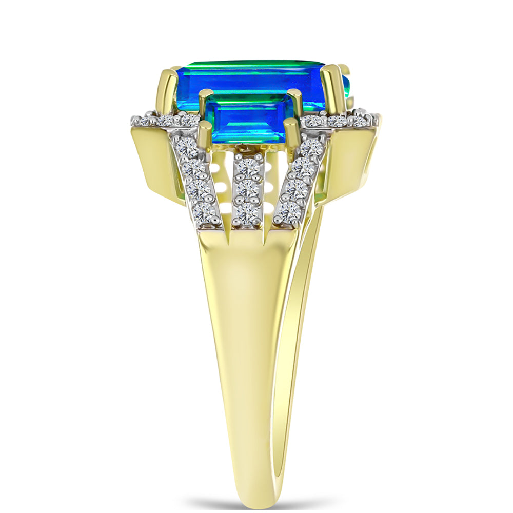 Anillo de Plata Bañada en Oro con Cuarzo Pavo Real y Topacio Blanco 4 