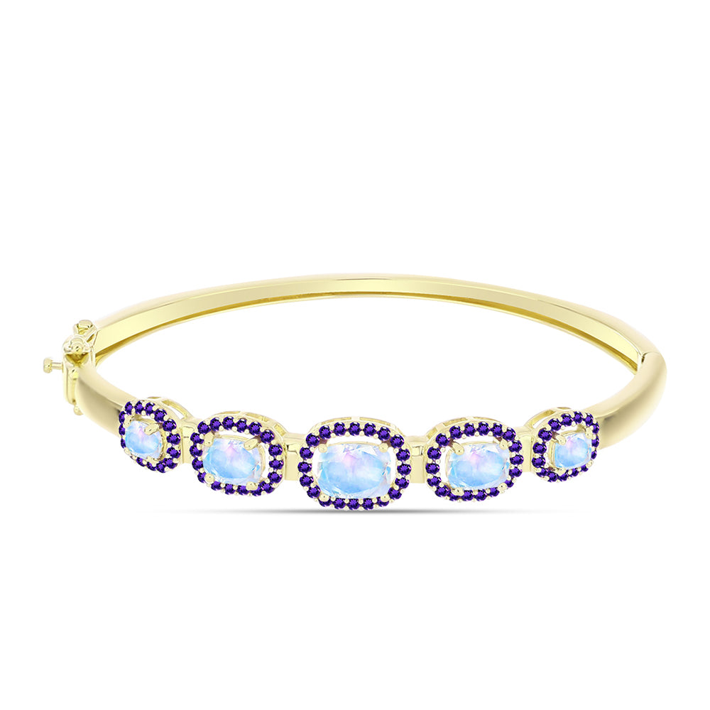 Brazalete de Plata Bañada en Oro con Piedra Lunar Arco Iris y Amatista de Marruecos