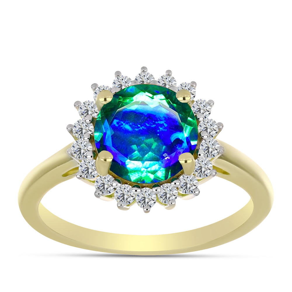 Anillo de Plata Bañada en Oro con Cuarzo Pavo Real y Topacio Blanco
