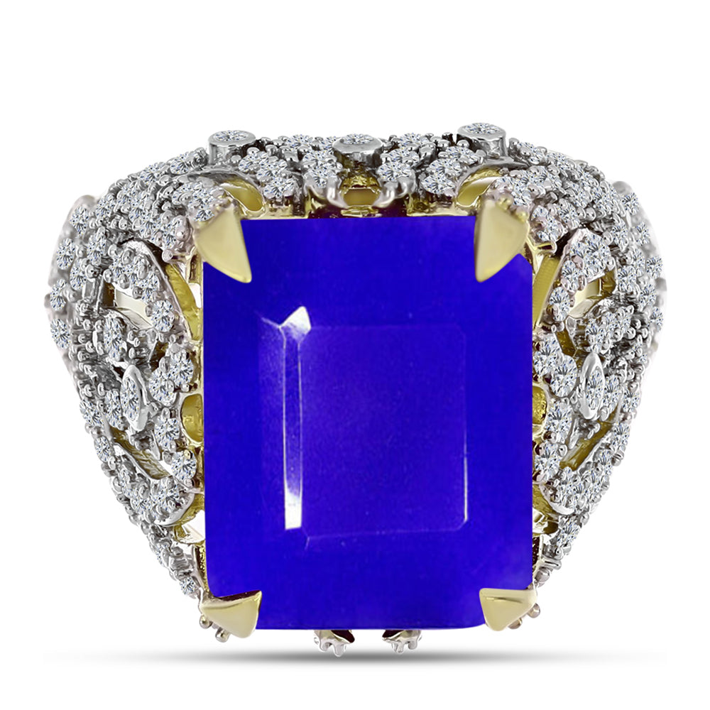 Anillo de Plata Bañada en Oro con Ágata azul y Topacio Blanco