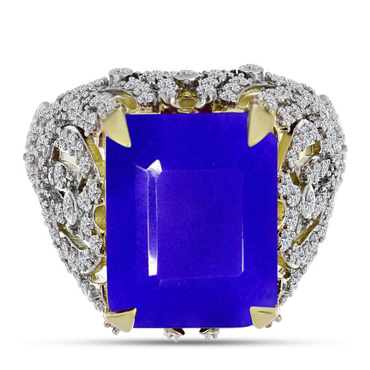 Anillo de Plata Bañada en Oro con Ágata azul y Topacio Blanco