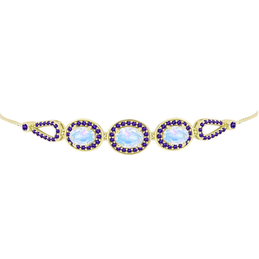 Pulsera de Plata Bañada en Oro con Piedra Lunar Arco Iris y Amatista de Marruecos