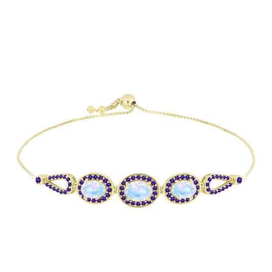 Pulsera de Plata Bañada en Oro con Piedra Lunar Arco Iris y Amatista de Marruecos