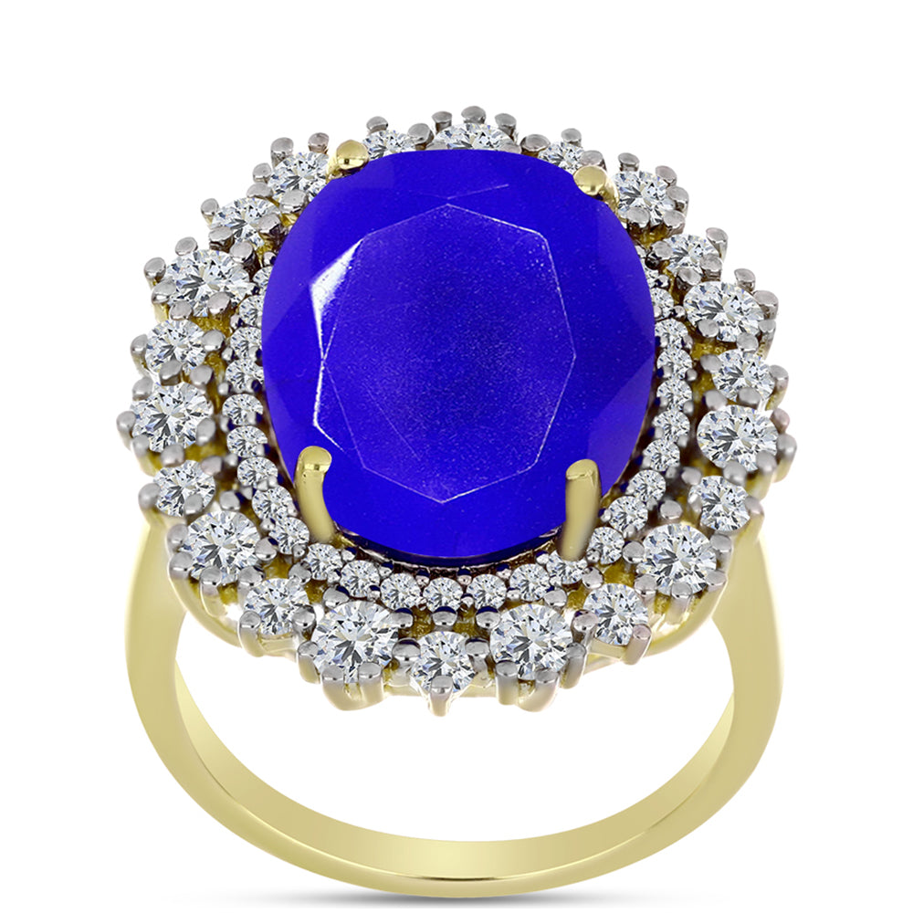 Anillo de Plata Bañada en Oro con Ágata azul y Topacio Blanco