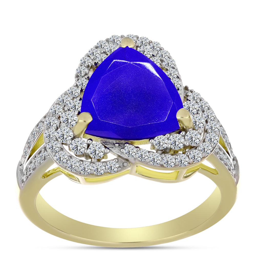 Anillo de Plata Bañada en Oro con Ágata azul y Topacio Blanco 3 