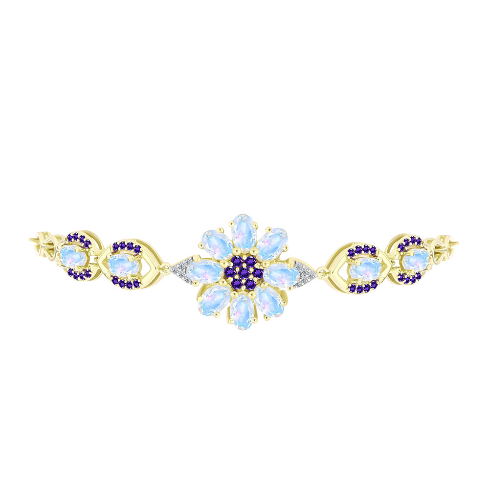 Pulsera de Plata Bañada en Oro con Piedra Lunar Arco Iris y Amatista de Marruecos 2 