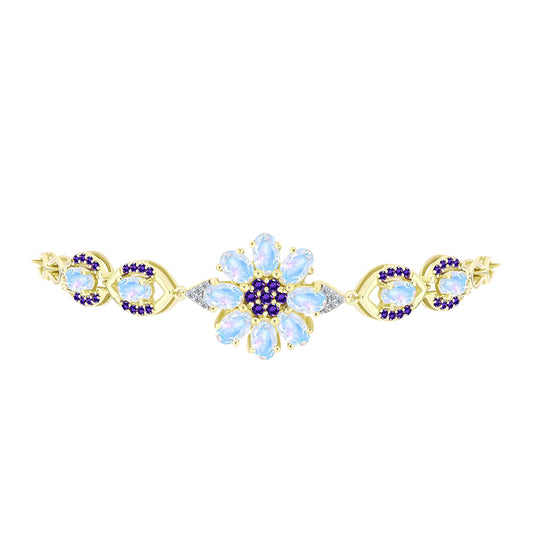 Pulsera de Plata Bañada en Oro con Piedra Lunar Arco Iris y Amatista de Marruecos