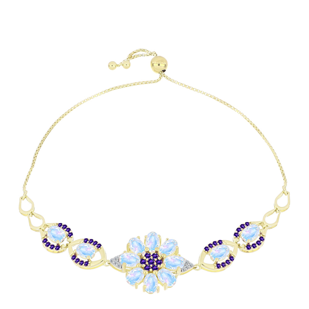 Pulsera de Plata Bañada en Oro con Piedra Lunar Arco Iris y Amatista de Marruecos