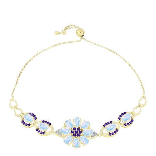 Pulsera de Plata Bañada en Oro con Piedra Lunar Arco Iris y Amatista de Marruecos