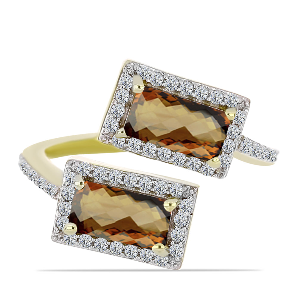 Anillo de Plata Bañada en Oro con Cuarzo Coñac y Topacio Blanco 1 