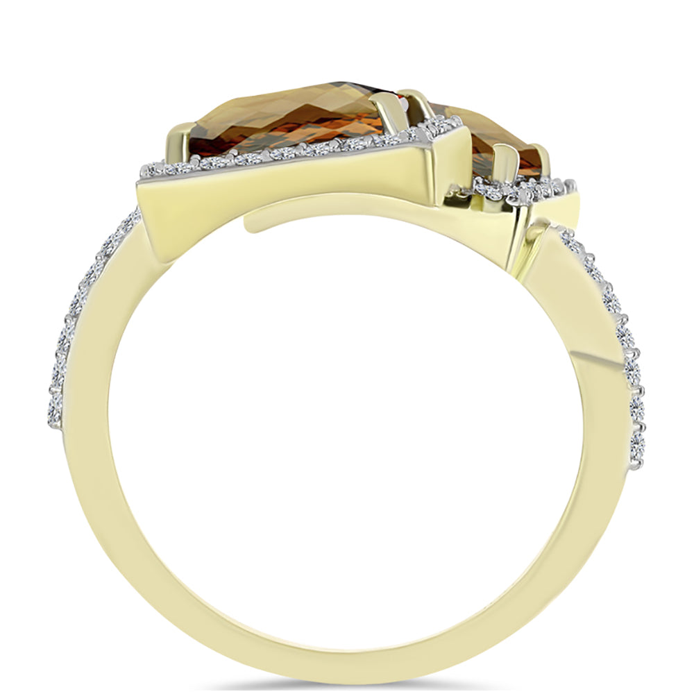 Anillo de Plata Bañada en Oro con Cuarzo Coñac y Topacio Blanco