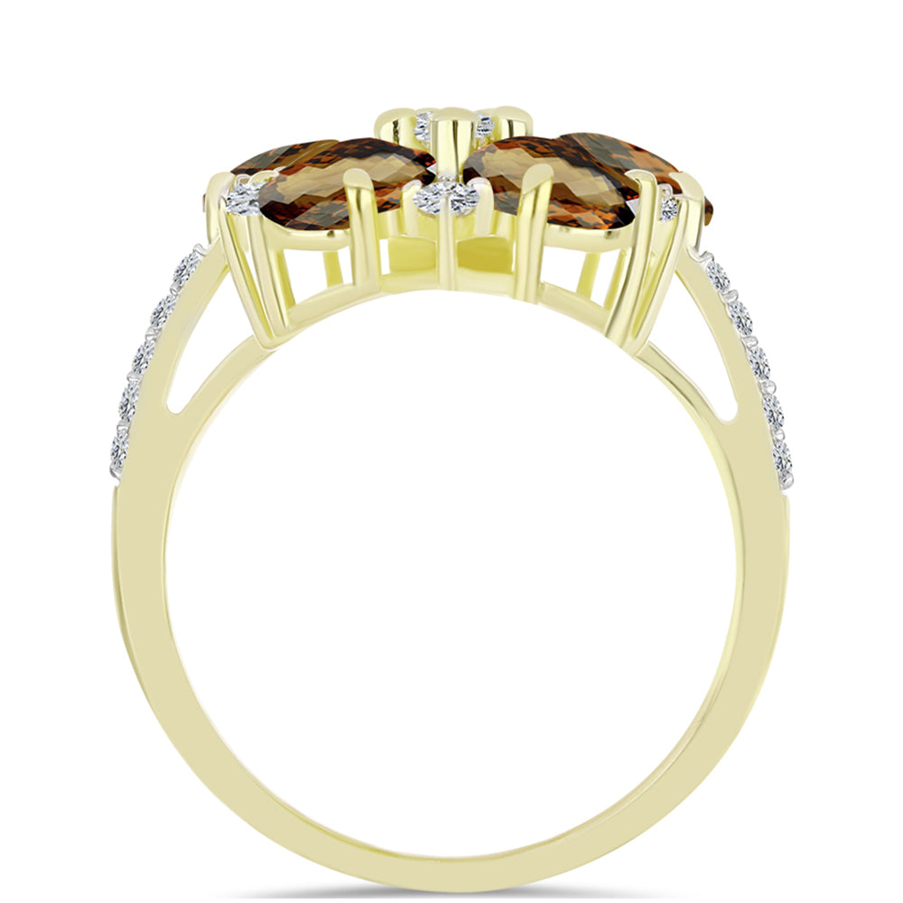 Anillo de Plata Bañada en Oro con Cuarzo Coñac y Topacio Blanco 2 