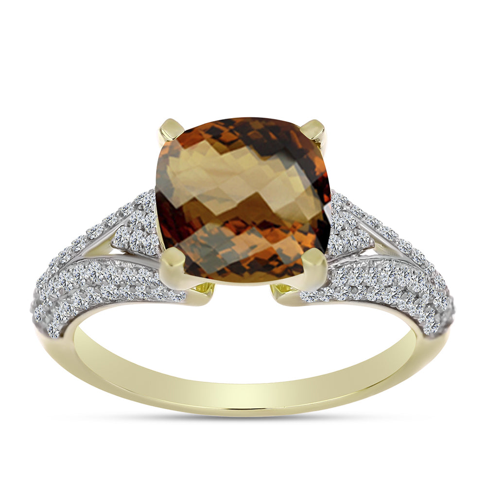 Anillo de Plata Bañada en Oro con Cuarzo Coñac y Topacio Blanco