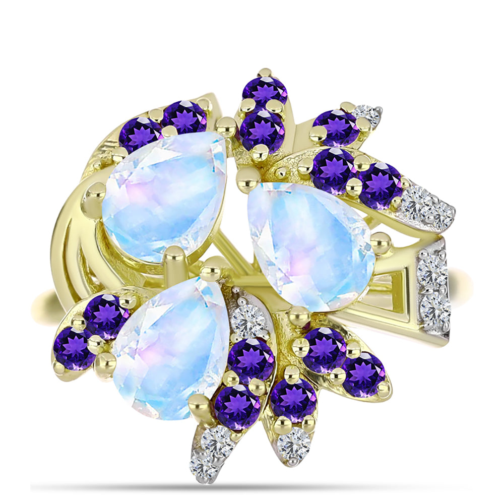 Anillo de Plata Bañada en Oro con Piedra Lunar Arco Iris y Amatista de Marruecos 1 