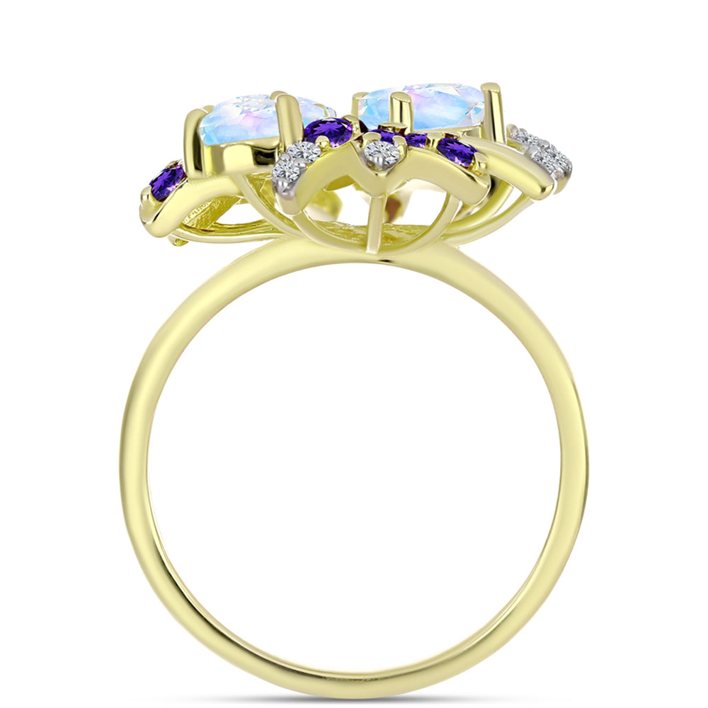 Anillo de Plata Bañada en Oro con Piedra Lunar Arco Iris y Amatista de Marruecos 2 