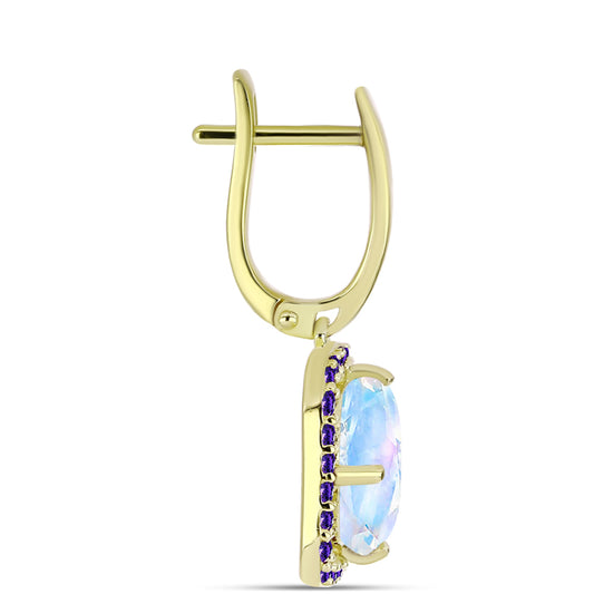 Pendientes de Plata Bañada en Oro con Piedra Lunar Arco Iris y Amatista de Marruecos