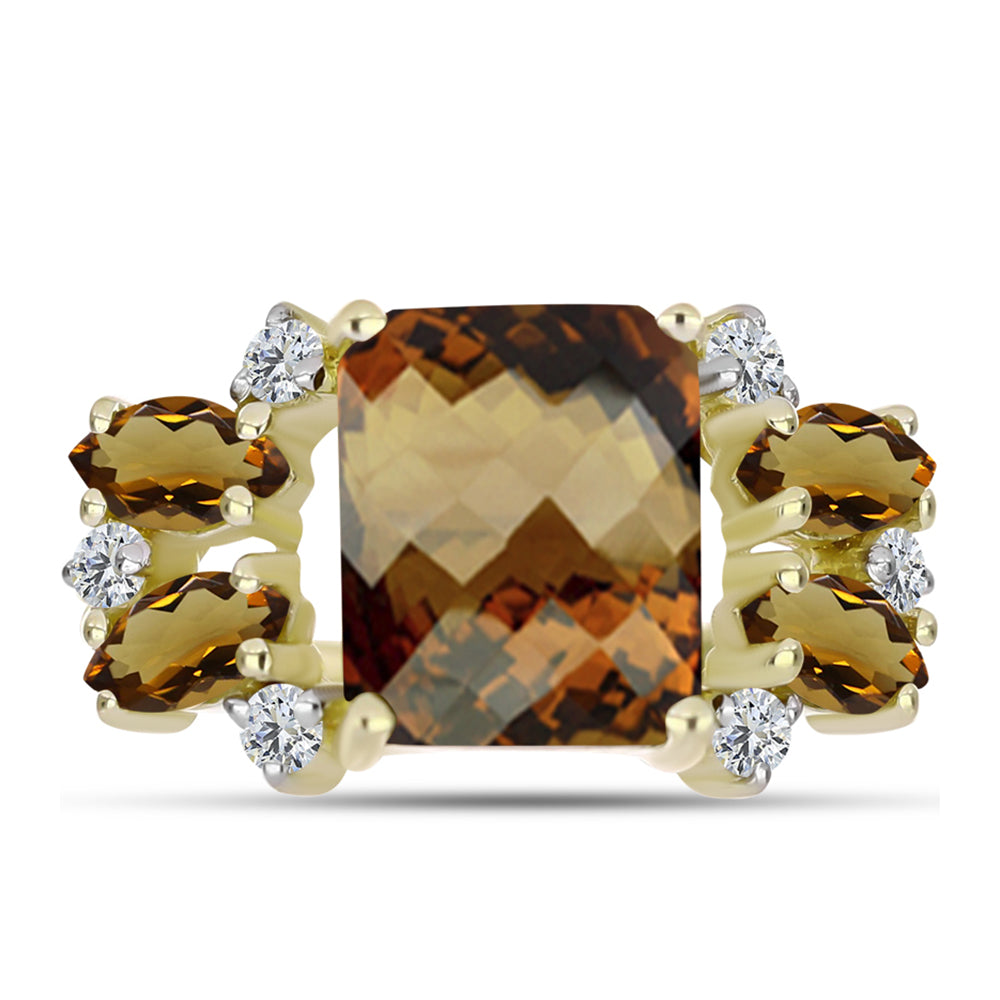 Anillo de Plata Bañada en Oro con Cuarzo Coñac y Topacio Blanco 1 