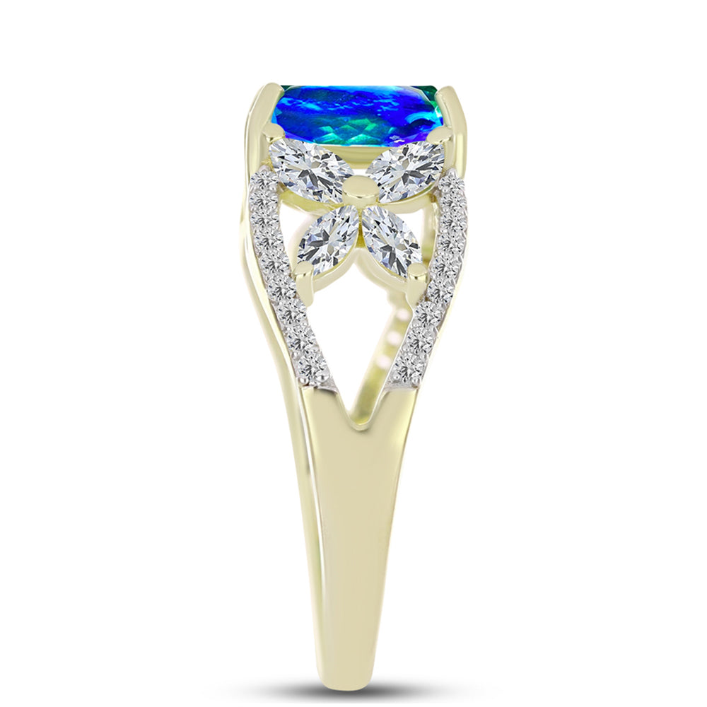 Anillo de Plata Bañada en Oro con Cuarzo Pavo Real y Topacio Blanco