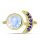 Anillo de Plata Bañada en Oro con Piedra Lunar Arco Iris y Amatista de Marruecos