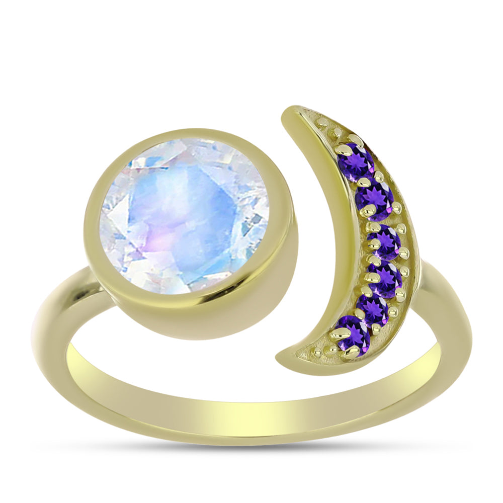 Anillo de Plata Bañada en Oro con Piedra Lunar Arco Iris y Amatista de Marruecos 3 