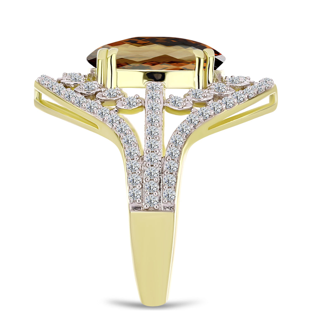 Anillo de Plata Bañada en Oro con Cuarzo Coñac y Topacio Blanco 4 
