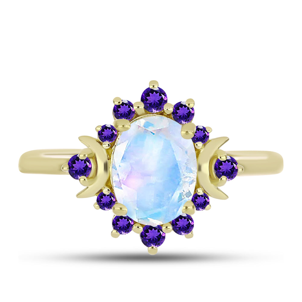 Anillo de Plata Bañada en Oro con Piedra Lunar Arco Iris y Amatista de Marruecos 1 