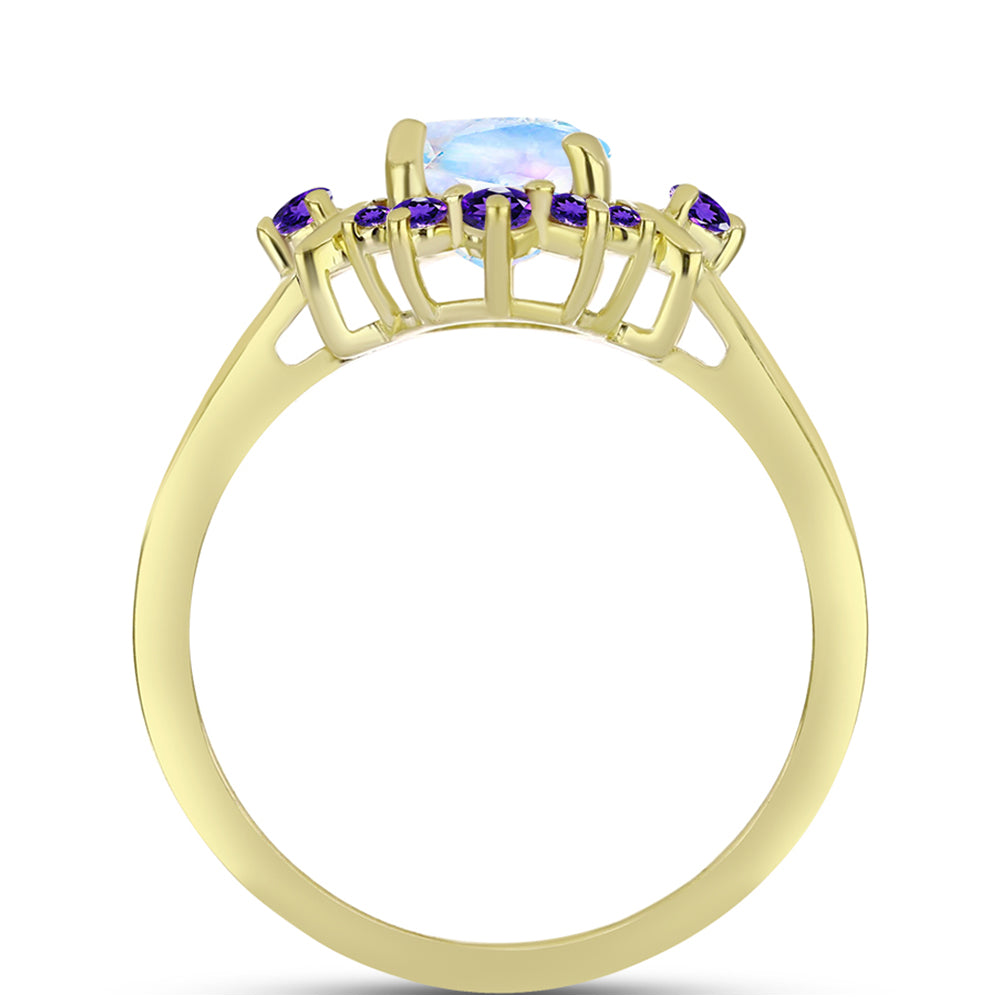 Anillo de Plata Bañada en Oro con Piedra Lunar Arco Iris y Amatista de Marruecos