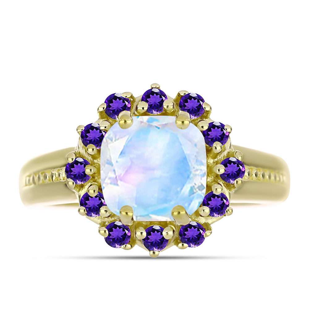 Anillo de Plata Bañada en Oro con Piedra Lunar Arco Iris y Amatista de Marruecos